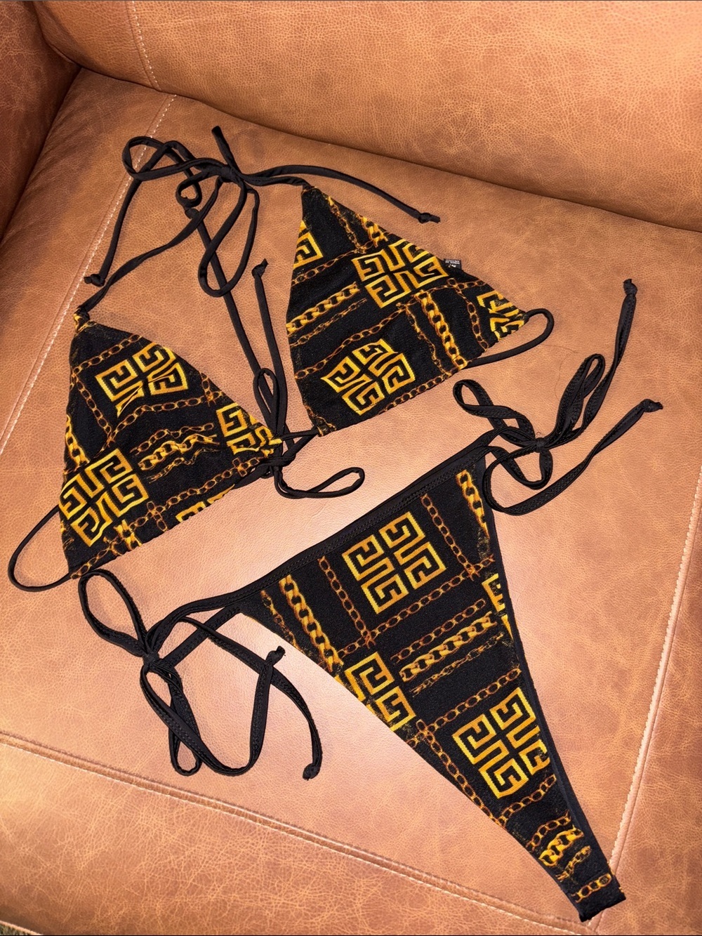 Greek Key & Chain Print Triangle Bikini Set Size Medium
